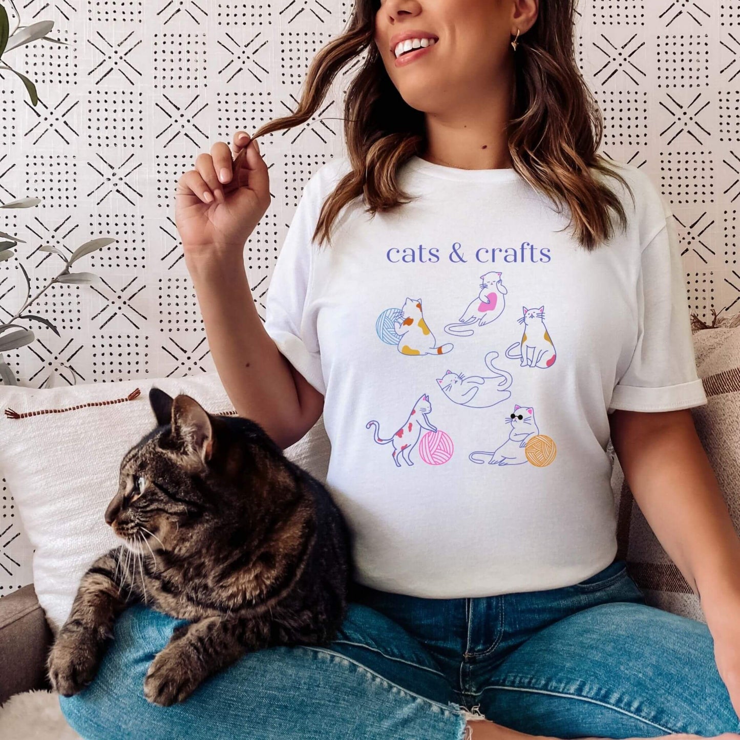 cats and crafts white t-shirt with cats and yarn