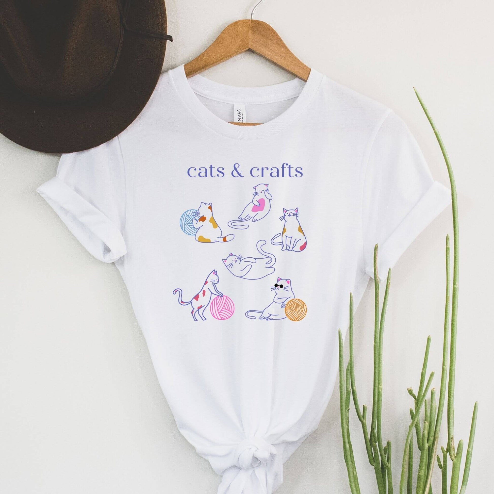 cats and crafts white t-shirt with cats and yarn