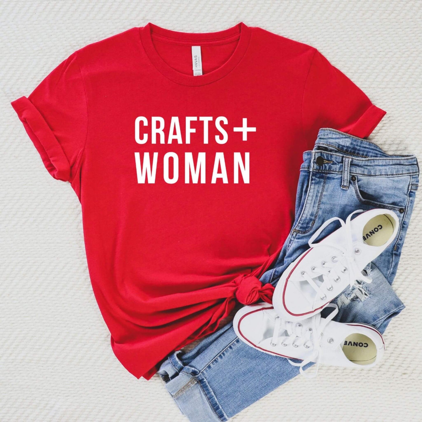 crafts and woman red t-shirt