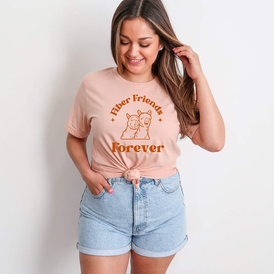 fiber friends forever peach t-shirt with happy alpacas