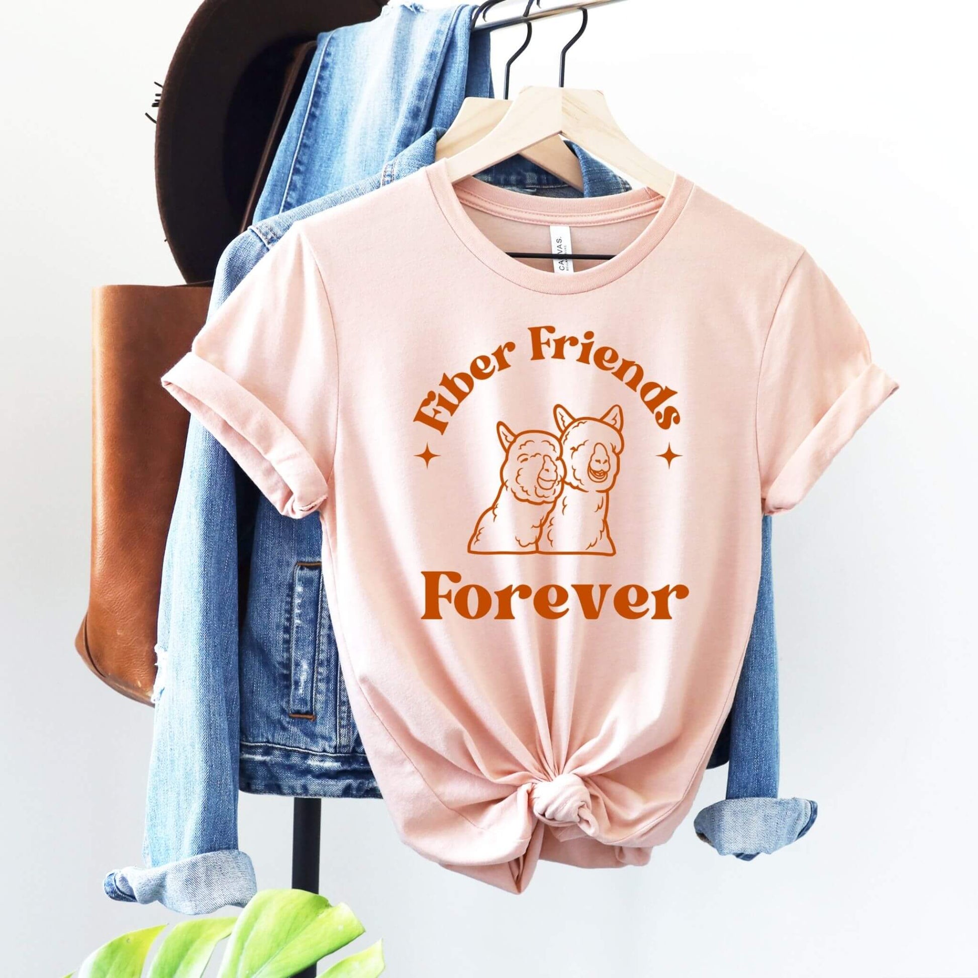 fiber friends forever peach t-shirt with happy alpacas