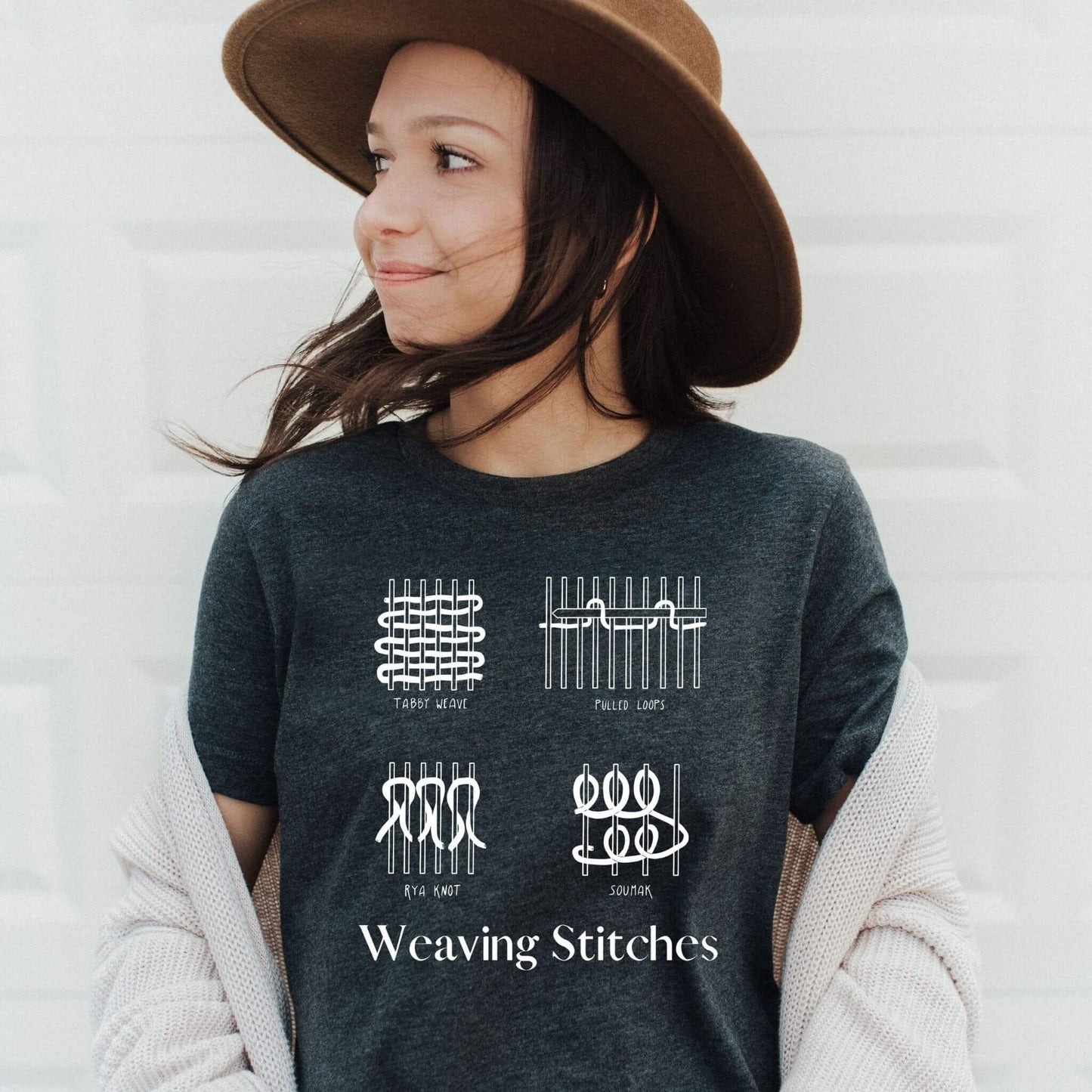 weaving stitches illustrations on dark gray  heather t-shirt