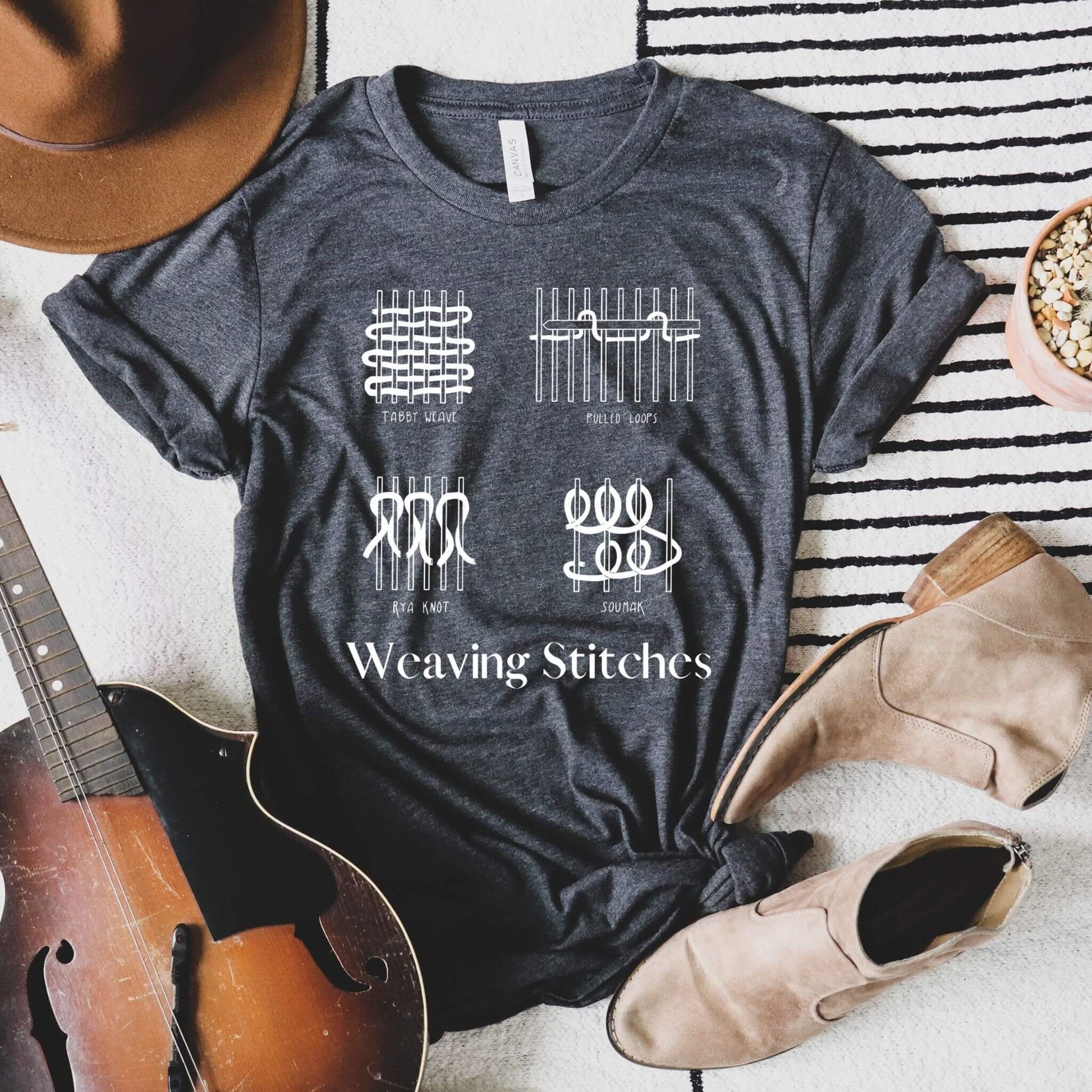 weaving stitches illustrations on dark gray  heather t-shirt
