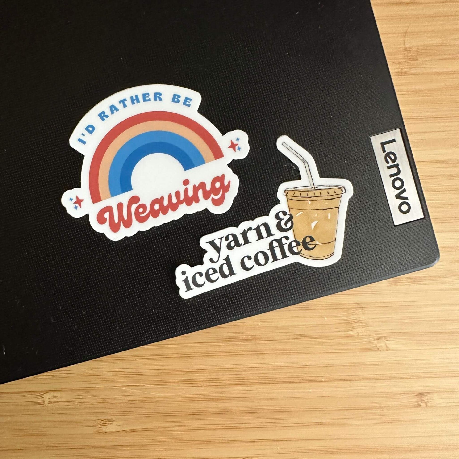 yarn and iced coffee sticker - wear and woven