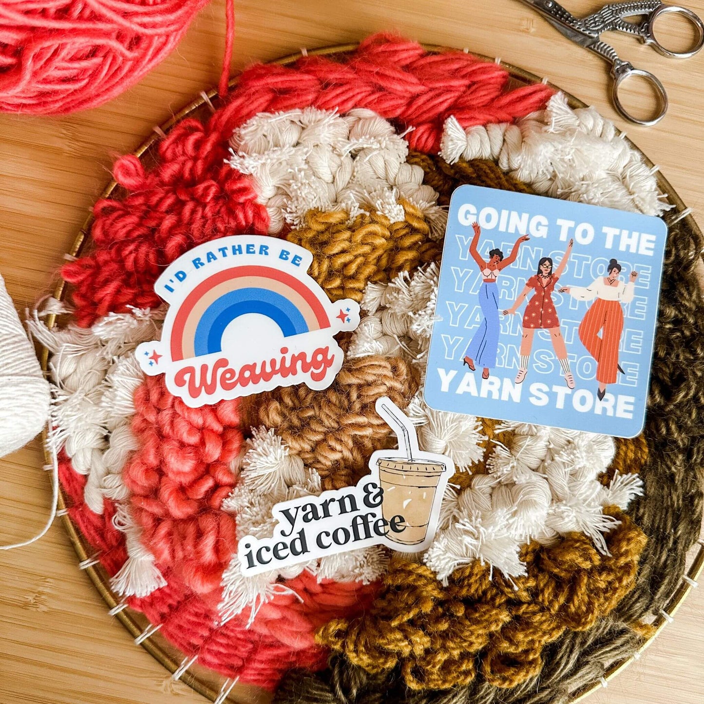 yarn and iced coffee sticker - wear and woven