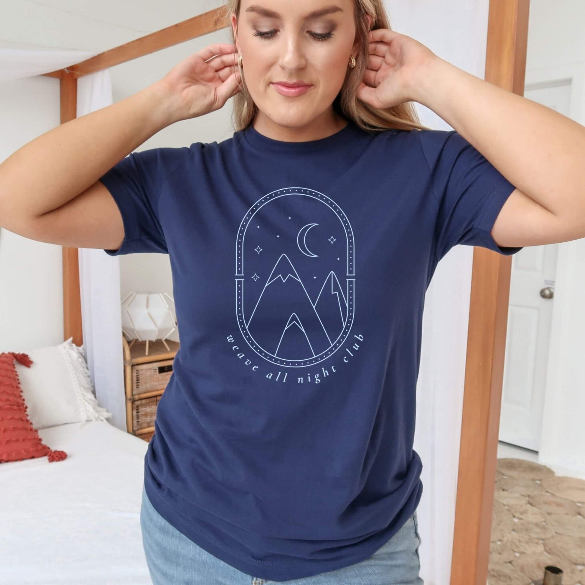 weave all night club dark blue tshirt with mountain moon and stars on t-shirt
