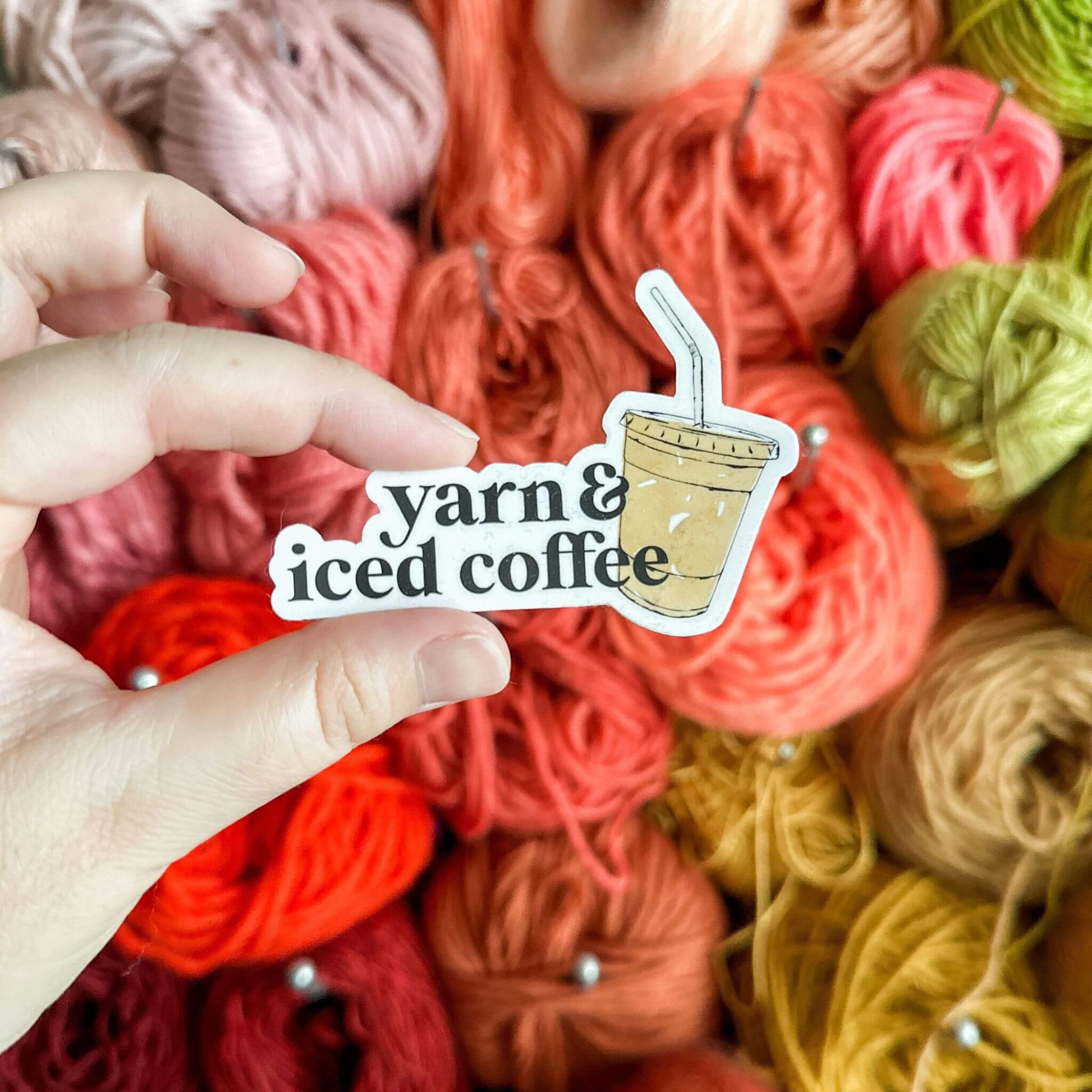 yarn and iced coffee sticker - wear and woven